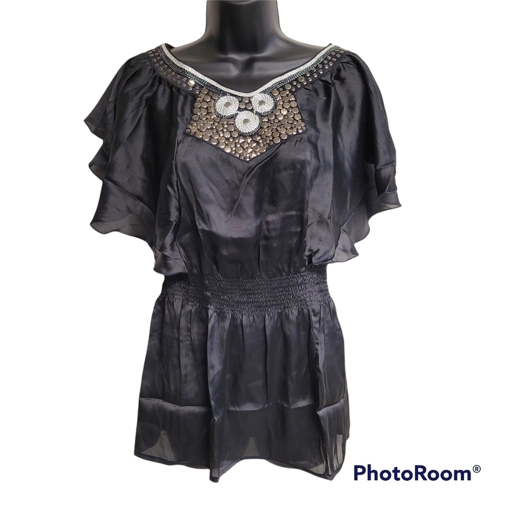 Lucy Paris Black Sequined Flutter Sleeve Elastic Waist‎ Tunic Top Size Medium